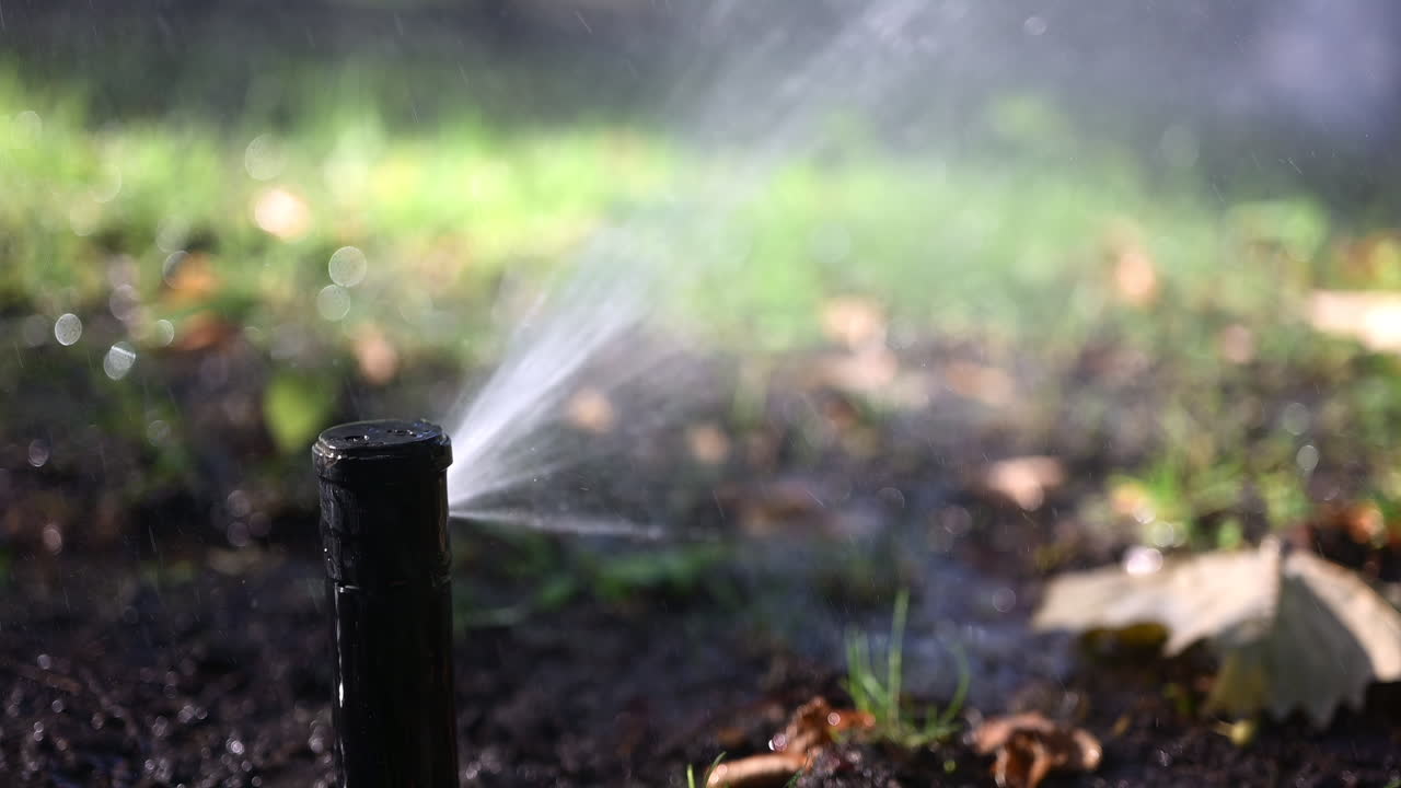 Irrigatore da giardino che spruzza acqua con raggi solari intensi, creando riflessi scintillanti