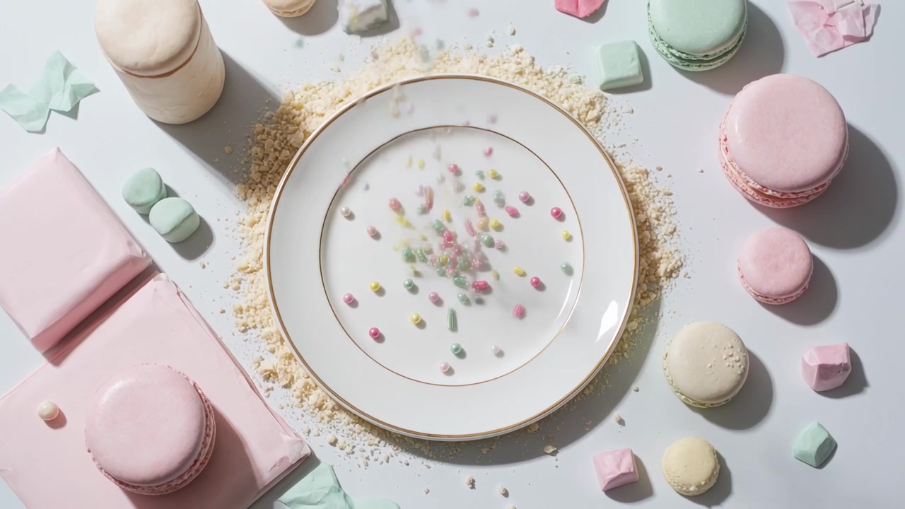 Zuccherini colorati a pioggia che cadono e riempiono un piatto di porcellana con bordo dorato su un tavolo, macarons pastello per decorazione.