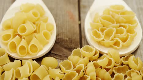 various pasta in spoons on wooden background and also scattered on wooden background