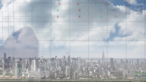 animation of financial data processing over cityscape