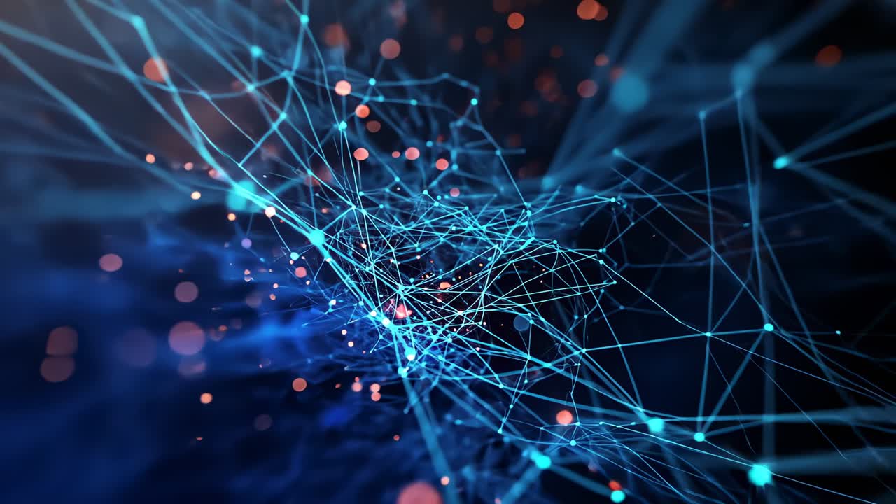 Emerging turquoise nodes weaving through fine lines in deep navy space, pulsing orange specks