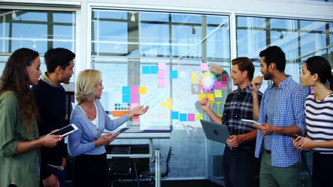 team of executives discussing over sticky notes
