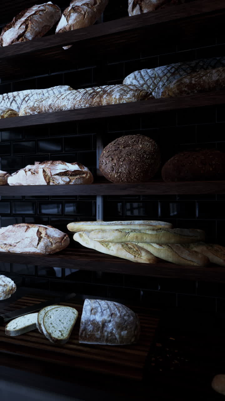 A bakery with shelves full of freshly baked loaves of bread.