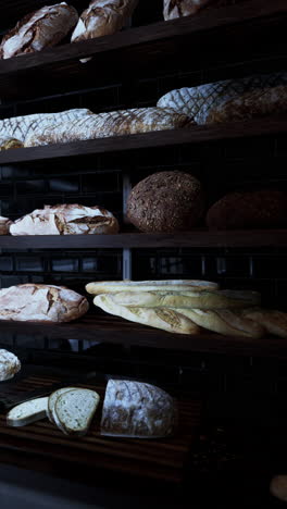 a bakery with shelves full of freshly baked loaves of bread.