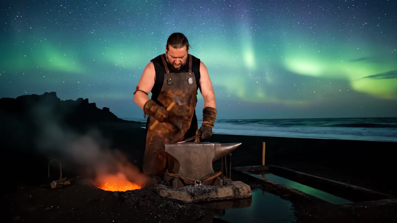 Smed, der arbejder under nordlyset