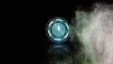 animación de un reloj azul sobre un polvo de color verde, rojo y blanco, flotando en negro