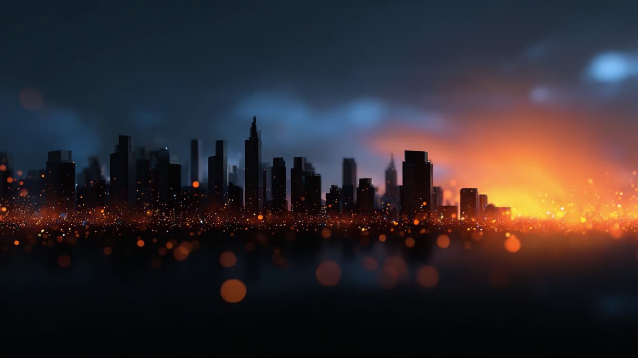 A vivid city skyline illuminated by a brilliant orange glow at twilight, showcasing an urban landscape against a dramatic twilight sky filled with shimmering light