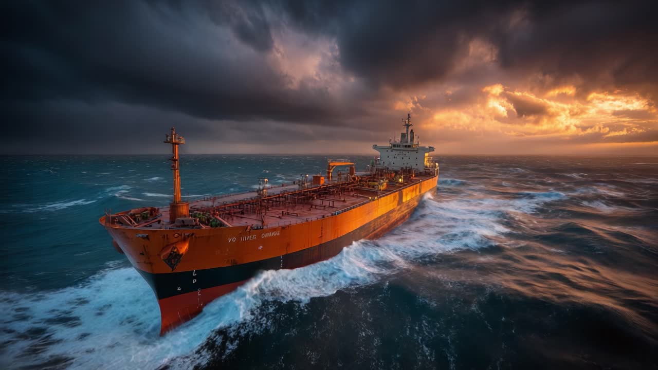 Majestætisk fragtskib navigerer gennem turbulent farvand ved solnedgang, omgivet af truende skyer, hvilket fremhæver naturens kræfter og maritimt eventyr