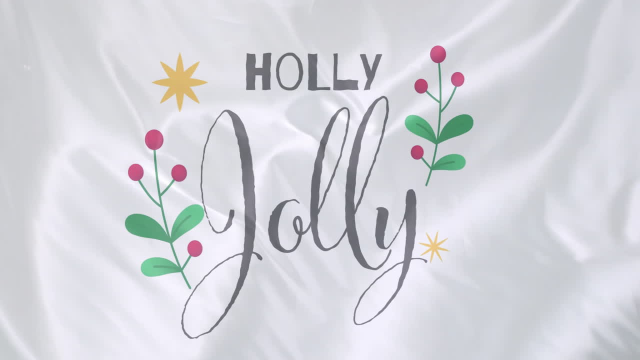 Holly Jolly text animation with festive decorations over white background