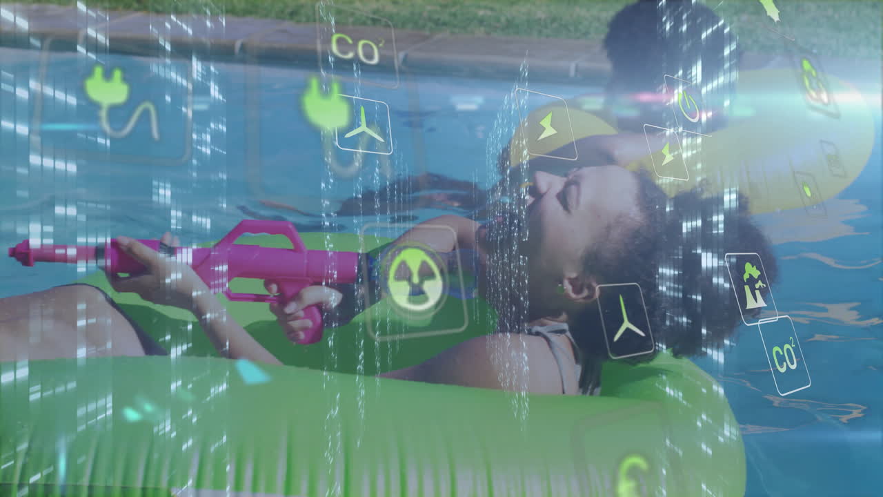 Criança relaxando em boia de piscina com animação de sobreposição de ícones digitais ecológicos