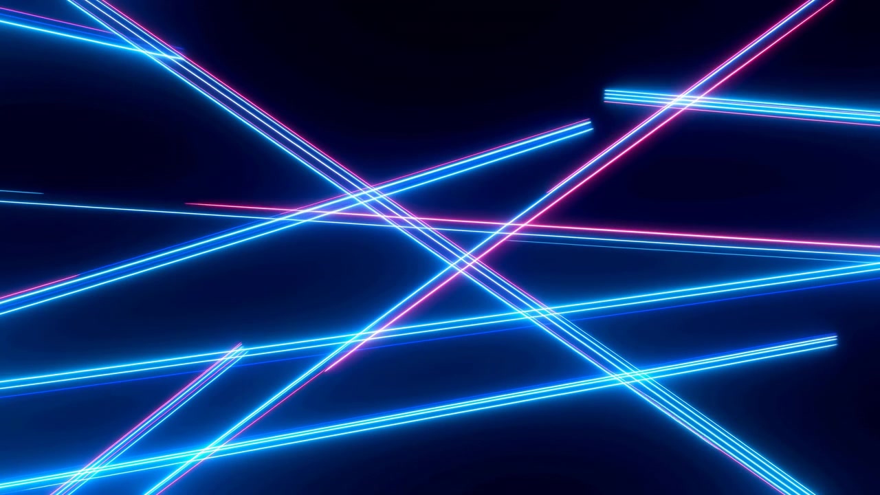 Raggi laser neon intersecanti che tagliano lo spazio scuro. Linee blu elettrico e magenta, incroci precisi, nitidi.