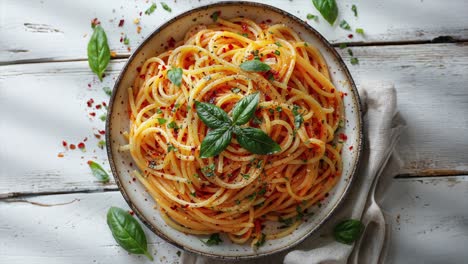 delicious spaghetti pasta with fresh basil and spices