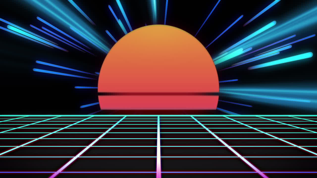 오렌지색 태양과 메타버스의 애니메이션과 데이터 전송의 빛의 흔적