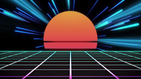 animación de sol naranja y metaverso sobre rastros de luz de transferencia de datos