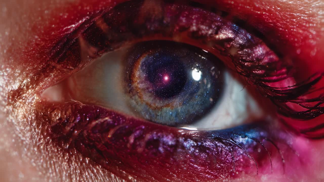 A Close-Up Exploration of an Eye with Cosmic Effects: Vivid Colors and Makeup Showcase the Infinity of Space and Beauty, Merging the Intricacies of Human Features with Celestial Imagery