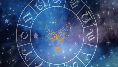 animation of taurus star sign symbol in spinning horoscope wheel over glowing stars