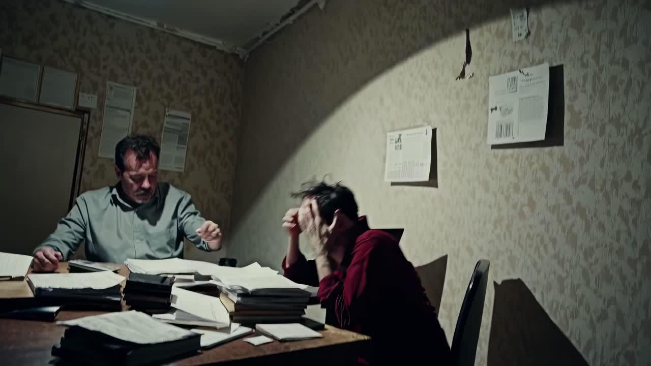 Dramatic video scene with a low-angle shot of two men in a dimly lit room, one stressed