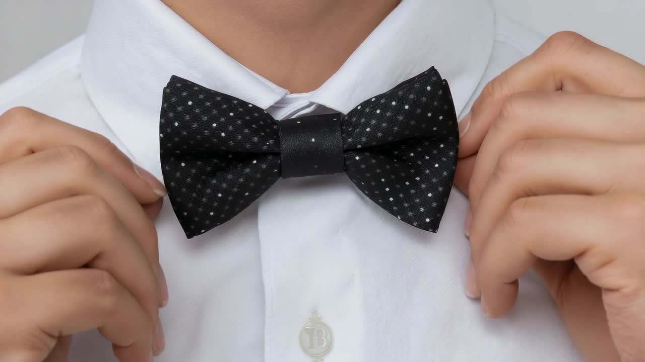 Uomo che si sistema in studio: indossa una camicia bianca, si sistema il papillon e lo centra preparandosi per un evento