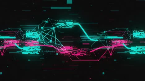 dynamic abstract visualization of data flow with interconnected lines and geometric shapes in vibrant blue and pink hue, exemplifying modern digital aesthetics