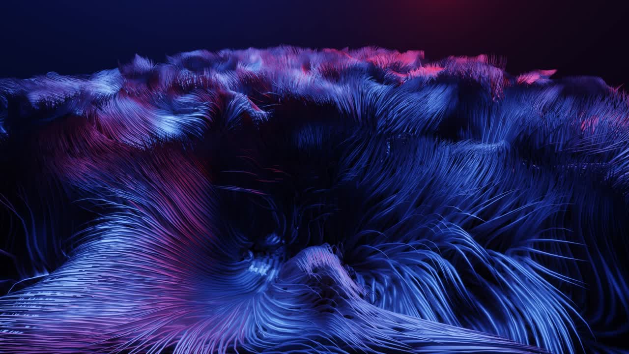 Hair simulation. Live curls underwater like fur or multi-colored threads, hair. Volumetric lights. Mist and DOF bokeh effects. Mysterious background with live curved lines, close-up. 4k looped bg.