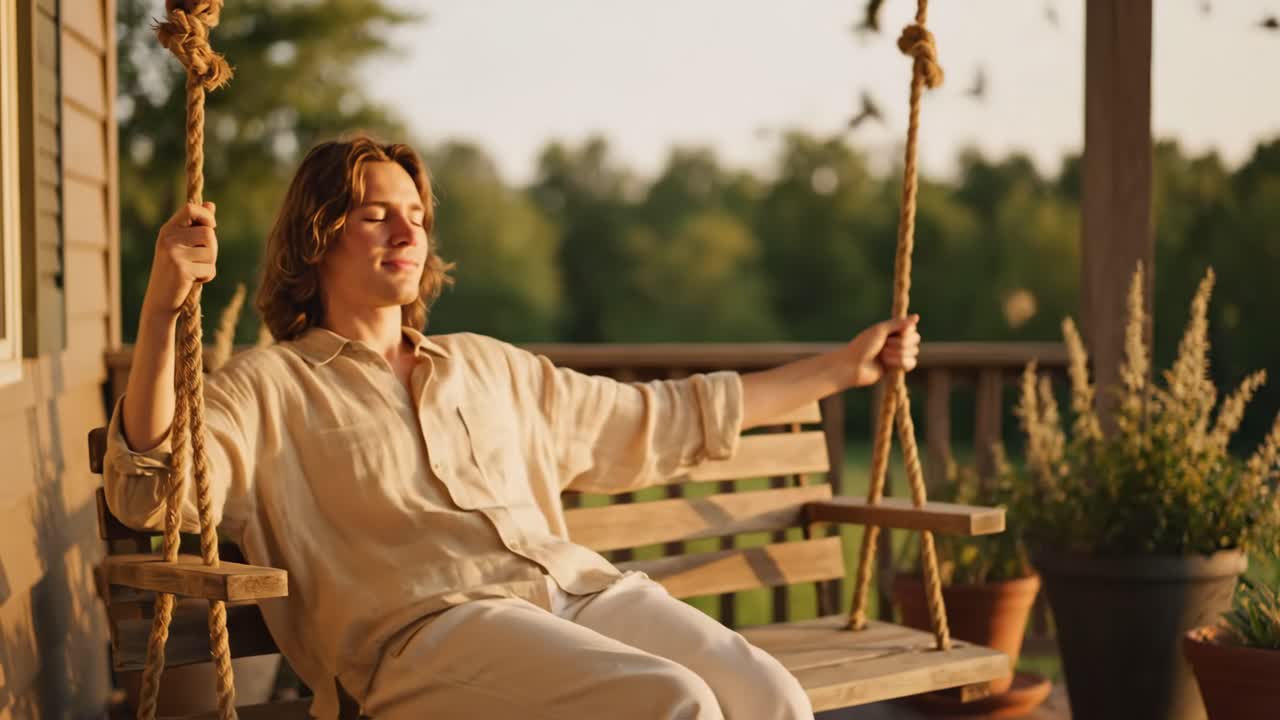 Young adult relaxing on a porch swing in daylight