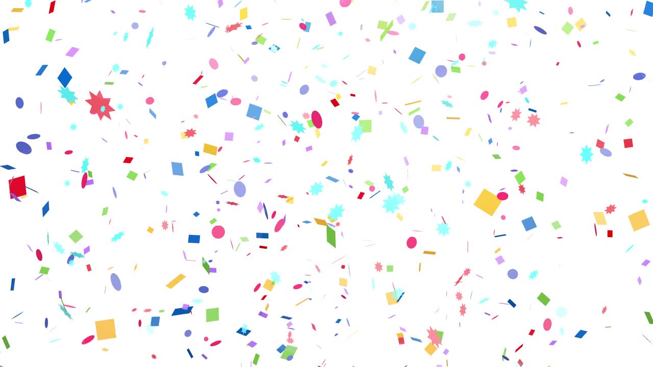 Vivaci coriandoli di carta di varie forme cadono lentamente su uno sfondo bianco pulito