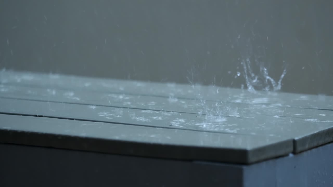 Wooden surface being hit with strong rainfall, close up