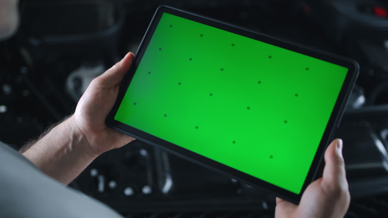 A person holding a tablet with a green screen over an engine bay
