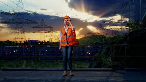 full body of asian female engineer with safety helmet showing ok hand sign over eye and smiling to camera while standing near high voltage tower