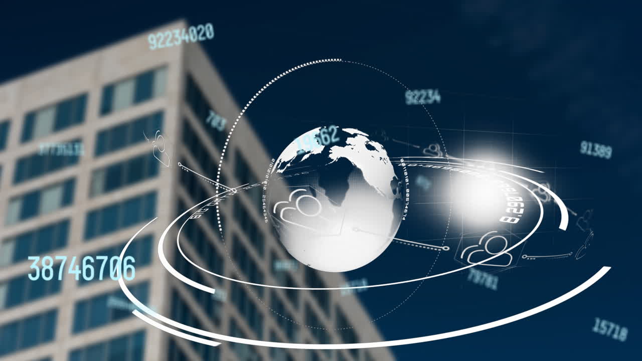 цифровой состав изменяющихся чисел по всему земному шару, вращающийся против высокого здания