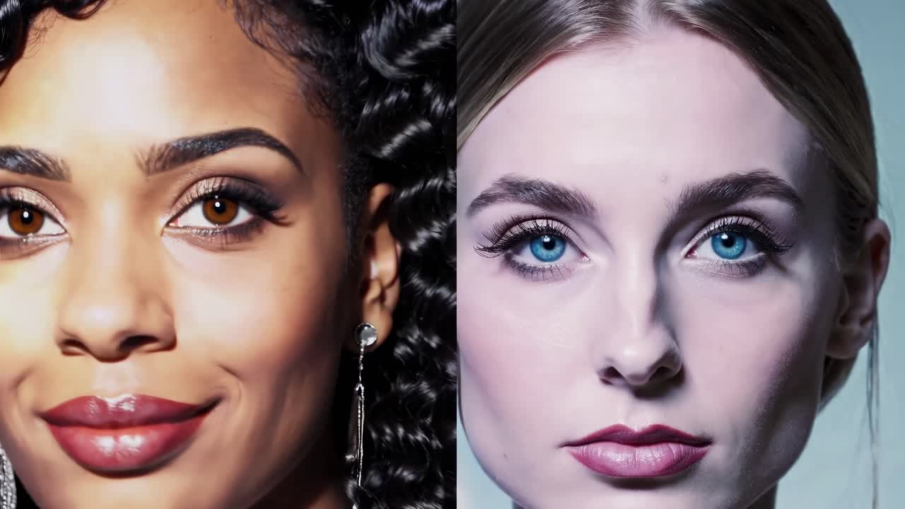 Split-screen video concept with close-up portraits of two women, showcasing diverse beauty