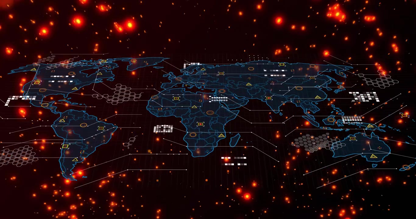 Neon holo map emerging from outline, sparking particles and data overlays showing tech hotspots
