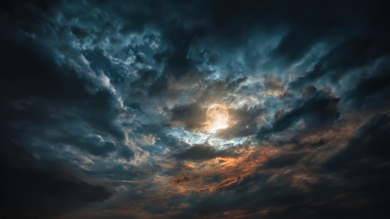 A mesmerizing dance of clouds illuminated by a glowing moon, creating a stunning celestial display across the night sky captured in two breathtaking frames