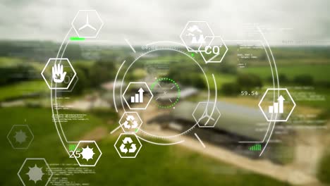 animación de iconos ecológicos, escaneo de alcance y procesamiento de datos sobre el paisaje