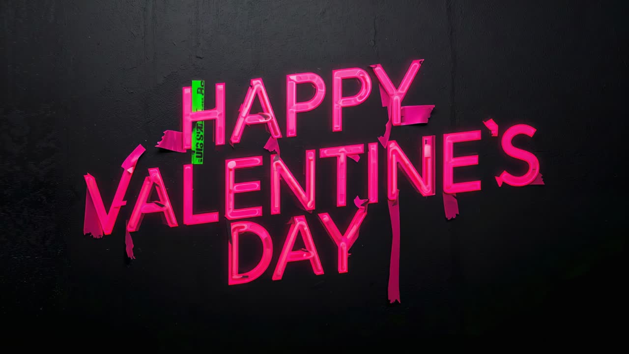 Starting neon HAPPY VALENTINE'S DAY sign pulsing pink-red displaying greeting, studio tape, marker