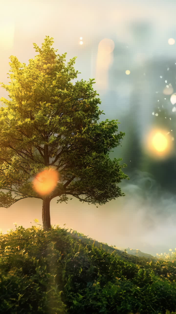 A tree is growing in a field with a foggy atmosphere. The tree is surrounded by a lot of greenery, and it is the only object in the scene. The foggy atmosphere gives the image a peaceful Vertical video