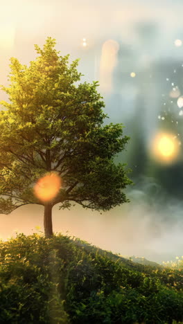 a tree is growing in a field with a foggy atmosphere. the tree is surrounded by a lot of greenery, and it is the only object in the scene. the foggy atmosphere gives the image a peaceful vertical video