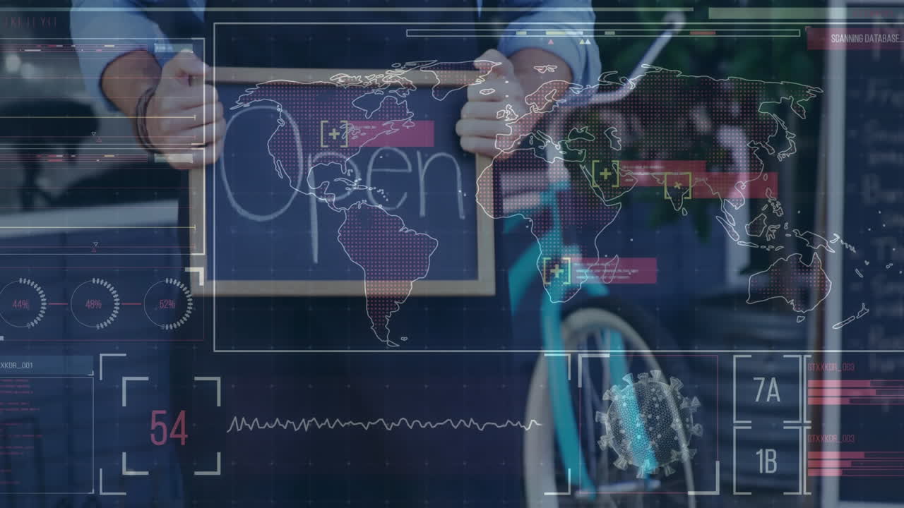 개방 된 표지판 을 들고 거리 에 서 있는 백인 남자 에 대한 세계 지도 의 애니메이션