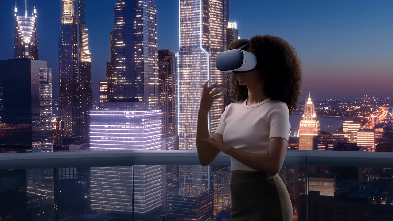Woman Experiencing Virtual Reality on a City Balcony at Night