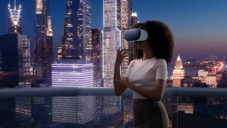 woman experiencing virtual reality on a city balcony at night