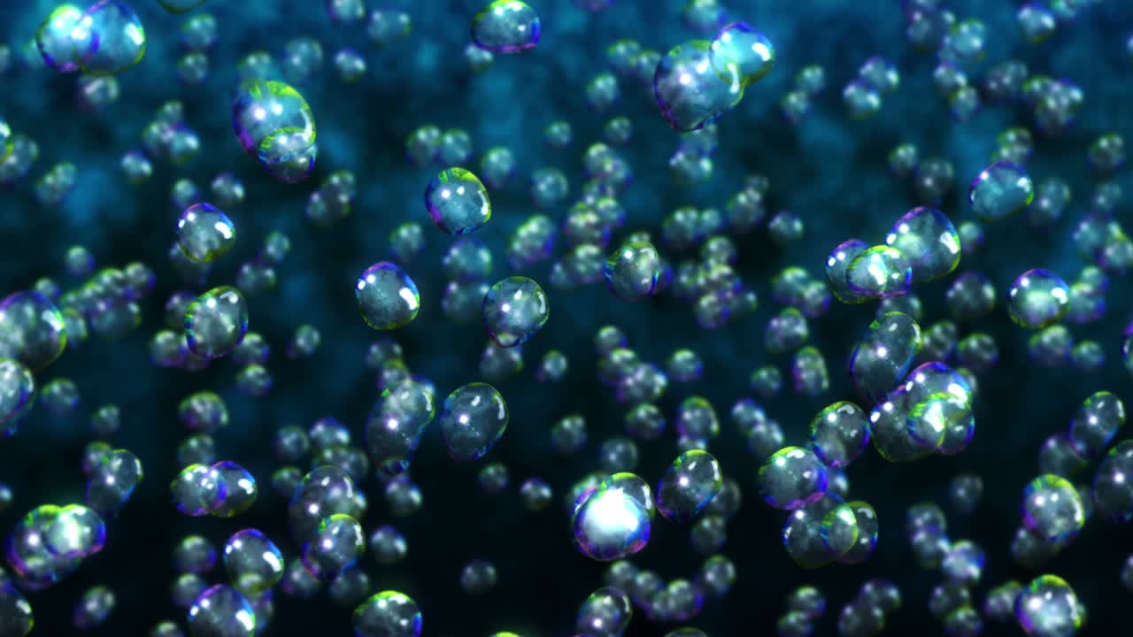 много капель воды на черном фоне. чистые капли. прозрачная поверхность. 3d-анимация вращающихся воздушных пузырьков. циклная анимация.