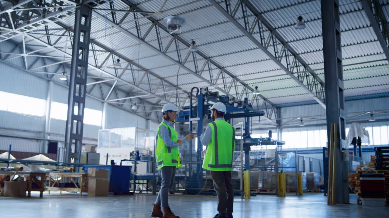 Trabajadores profesionales de almacén de fábrica conversando en el depósito.