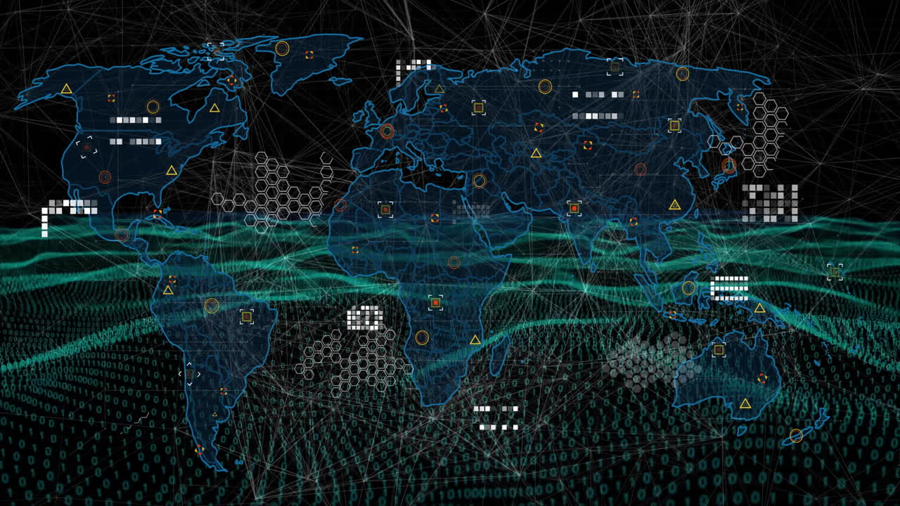 Animation of digital world map displaying data processing and network connections