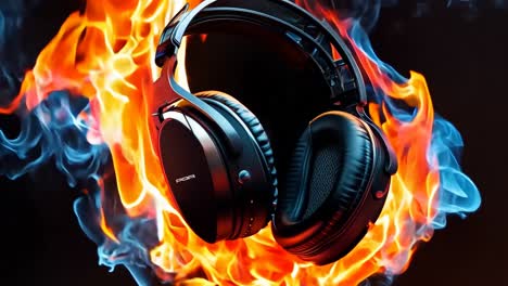 un par de auriculares en llamas sobre un fondo negro