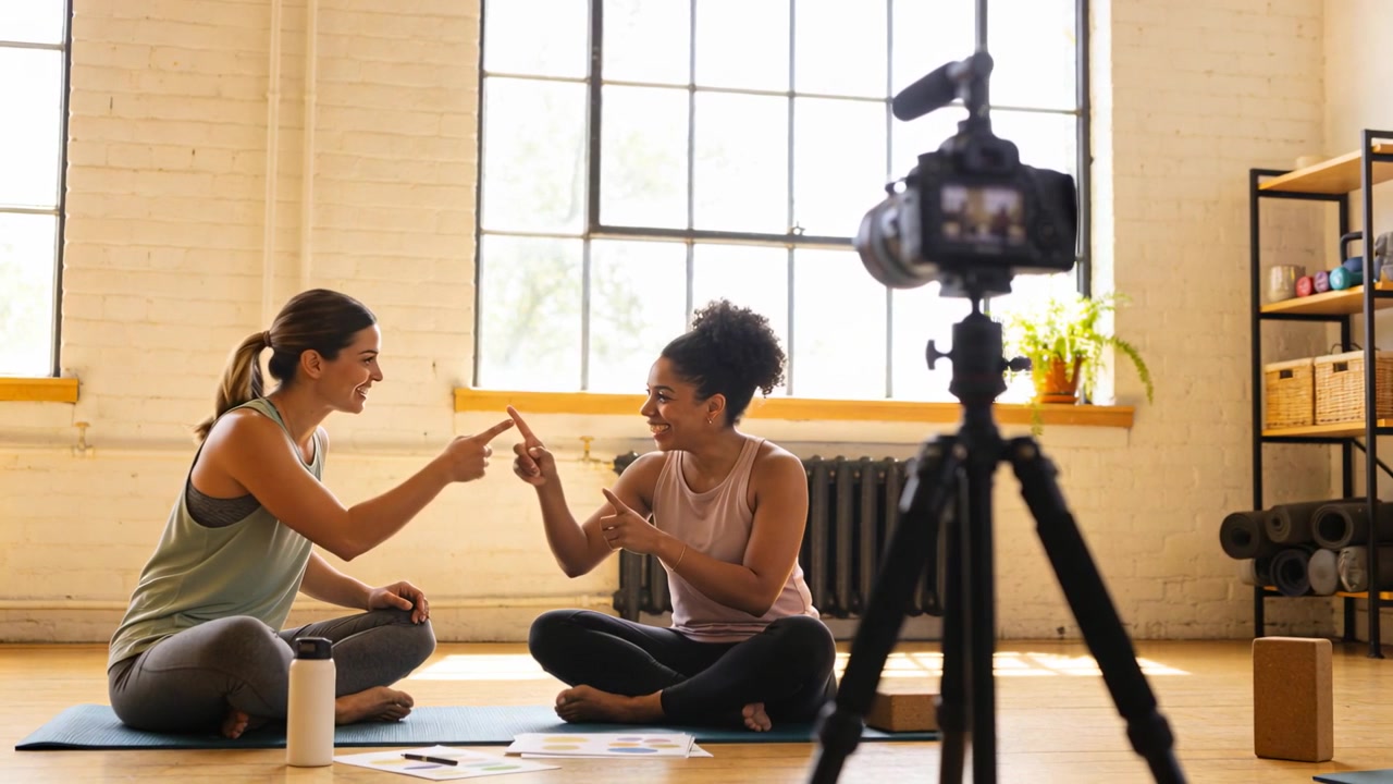Camera starting filming, studio cohosts green and pink tops chatting on yoga mats, holding bottle