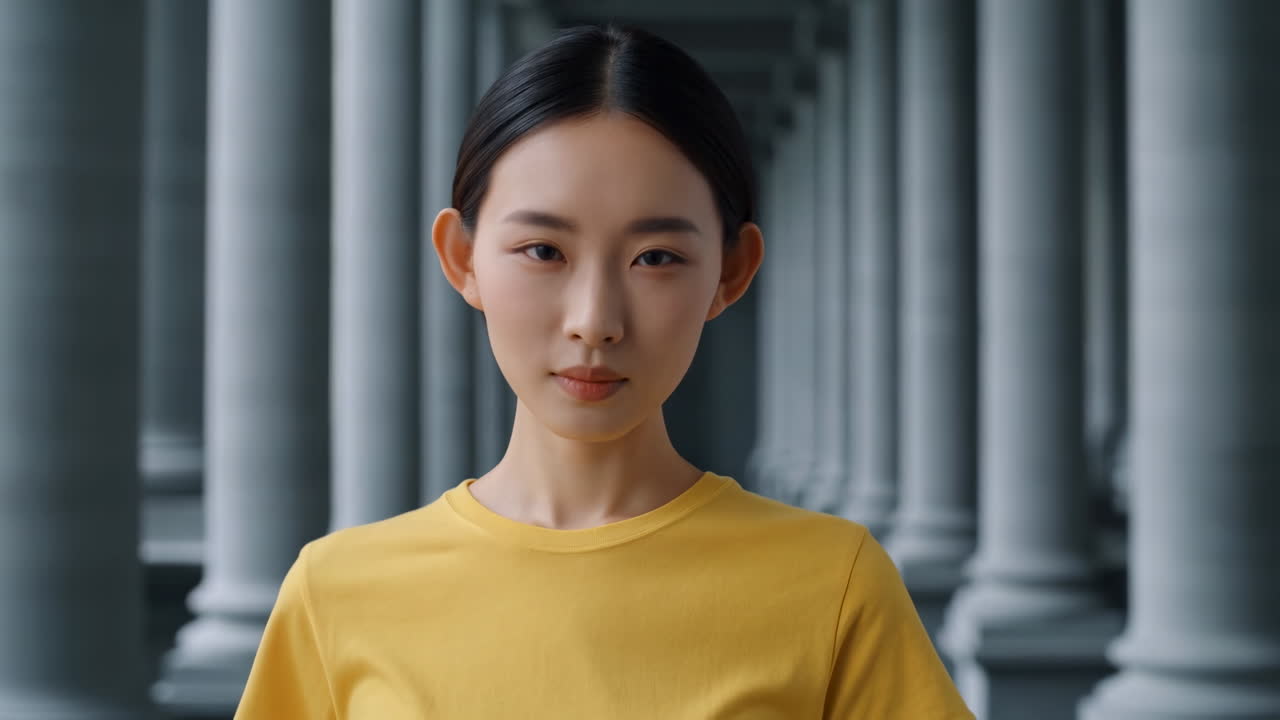 建築様式の柱を背景に立つ、真剣な表情の若いアジア人女性