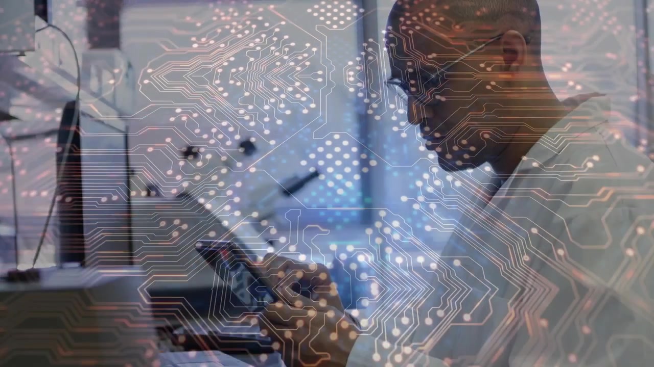 Seeing tablet, white-coat tech tapping, swiping to check data at bench, circuit overlay, copy space