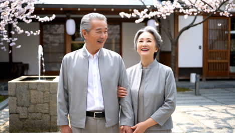 happy senior asian couple walking in a cherry blossom garden