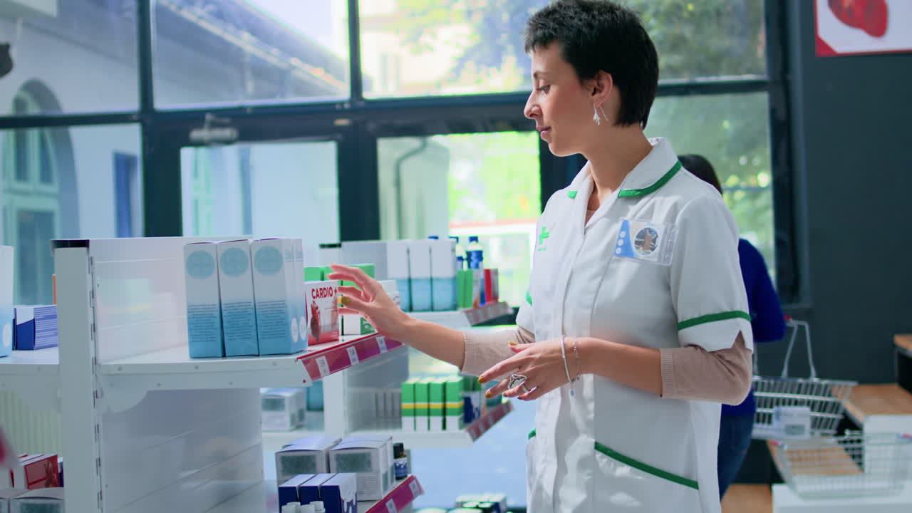 약사 가 제품 을 선반 에 놓는 것