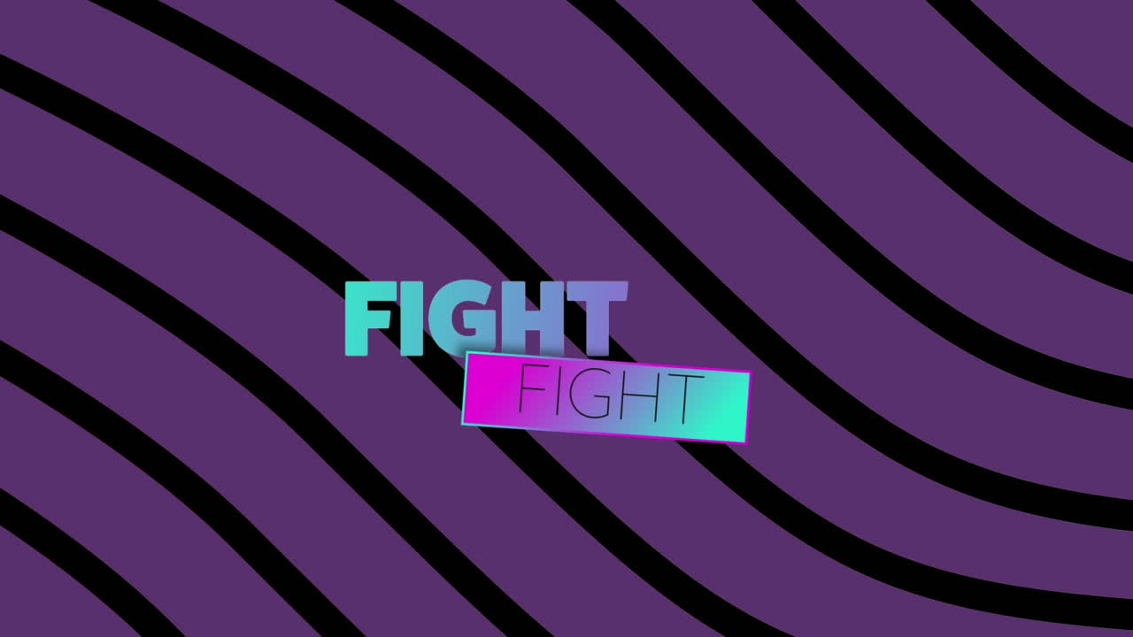 Animation of fight text in blue and pink, distorting over purple and black wavy stripes
